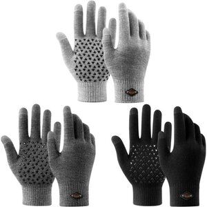 3 Pairs Men's Winter Gloves Warm Knit Gloves Touch Screen Anti-Slip Gloves